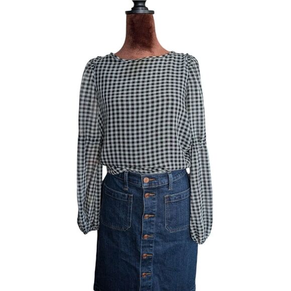 Max Studio chiffon gingham peasant blouse with removable tie belt size S - Picture 12 of 16